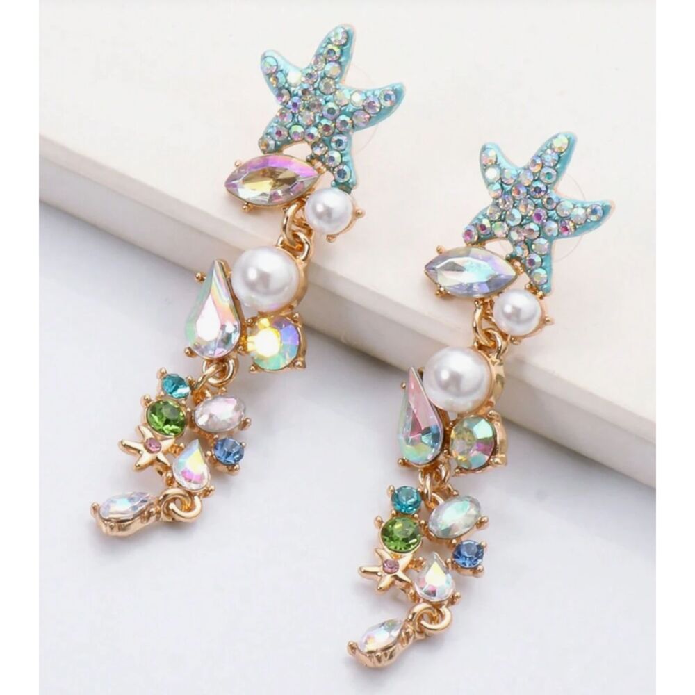 Blue Starfish, Stones, & Pearls Dangle Earrings